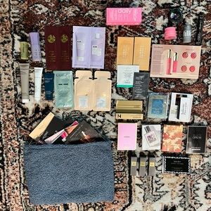 Bag of samples. Mix of haircare, skincare, fragrance and makeup.